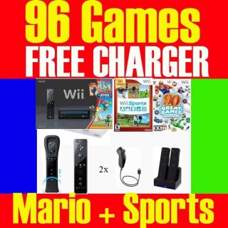   BLACK Wii CONSOLE SYSTEM SUPER MARIO 2 PLAYERS 96 GAMES w/ WII SPORTS