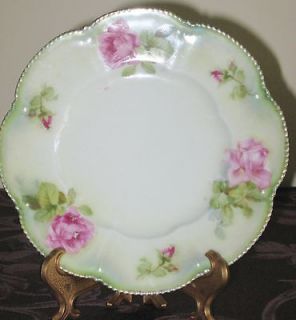Prussia Germany Porcelain Plate Green Scalloped w Roses Blue Mark
