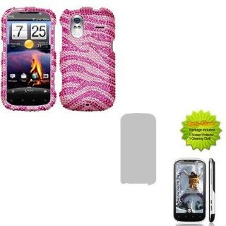 For HTC Amaze 4G Hot Light Pink Zebra Bling Stone Case + Anti Screen 
