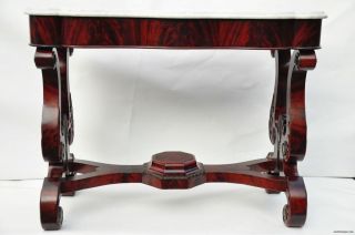 19th c Empire Crutch Mahogany Marble Top Console Table, Ornate Legs 