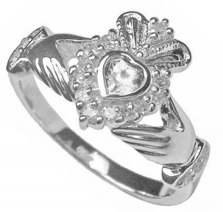 10K White Gold Diamond Claddagh Engagment Ring Irish Made sz sz 7 6 8 