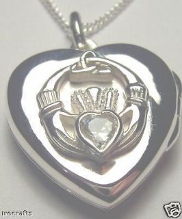   Silver Diamond Claddagh Locket Irish Made celtic white ring heart c r