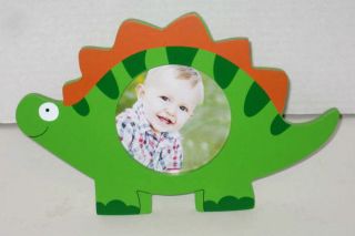Green Dinosaur Shape Picture Frame Wood Holds 4 Round Photo Desktop 