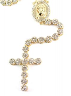 Fully Iced Out 14K Simulated Diamond Cluster Rosary Chain Necklace 