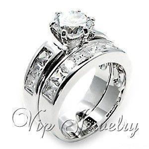 Stunning Platinum Tone CZ Engagement Ring & Wedding Band Set Womens 