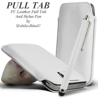 White Premium Leather Pull Tab Cover Pouch and Stylus Pen for Various 