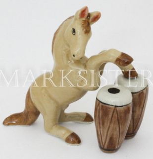 Figurine Animal Ceramic Statue Brown Horse Playing Drum