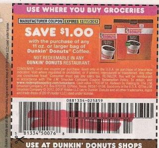 20  $1/1 Dunkin Donuts bagged coffee Coupons X12/11 RP1028