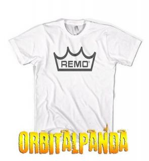 White T Shirt with Black REMO DRUM logo   skins kit sticks toms