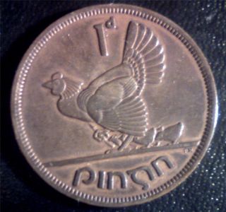 Scarce Irish 1949 Penny 1d Ireland Hen+Chicks Old Eire Coin