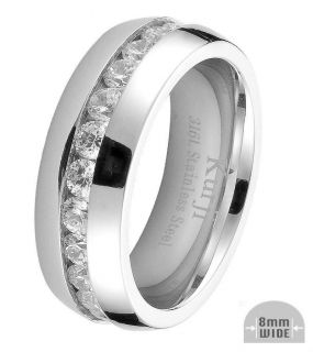 8mm Mens Wedding / Engagement Band Stainless Steel Eternity CZ Ring 