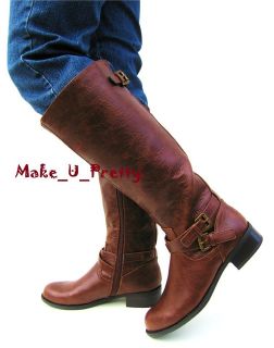 Brown Women Equestrian Boots Mid Calf Casual Imit Leather Riding Boots 