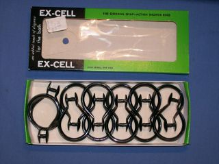 Vintage 12 Black Shower Curtain Rings Mint in Box EX CELL Snap Action 