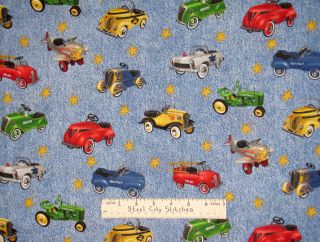   Old Fashion Kid Pedal Car Firetruck Tractor Cotton Novelty Fabric BTY