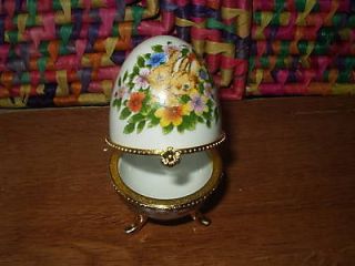 Porcelain Egg Case for Coins Jewelry Handcrafted Rabbits Flowers Gold 