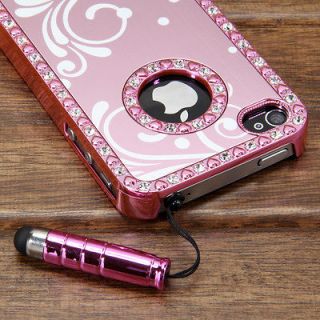 PEN+Pink Luxury Aluminium Bling Crystal Chrome Hard Case Cover F 