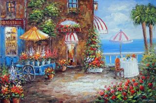   On Shore Ocean Flower Cart Sidewalk Table 24X36 Oil Painting