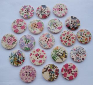 40pcs 30mm print flower Wood Button sewing/appliques/craft DIY Lots 