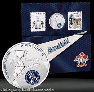 2012 TORONTO ARGONAUTS 25 CENT COLOURED COIN and STAMP SET, 100th YEAR 