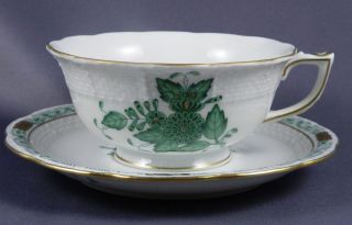HEREND CHINESE BOQUET GREEN Tea Cup and Saucer Set