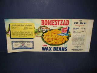 Vintage Homestead Cut Wax Beans Food Label Grand Union Company
