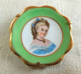   Limoges Porcelain Minature Plate Pin with Bust of Woman o12 109