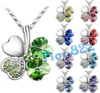 Four 4 Leaves Clover Flower Heart Love Quality Necklace Use Swarovski 