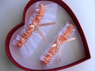 Double Heart Wedding Garters Peach / White   Prom^