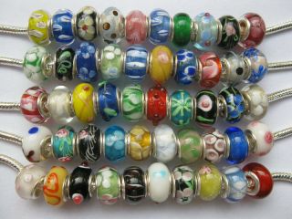   50pcs Sterling Silver Murano Glass European Charm Beads Fit Bracelets