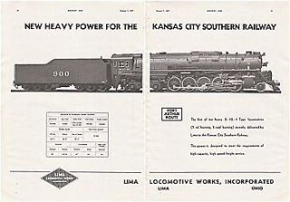 1937 Lima Ad KCS Kansas City Southern Railway #900 2 10 4 Type 