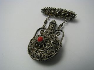 STERLING SILVER FILIGREE SENT/PERFUME BOTTLE PIN BROOCH w/CORAL 