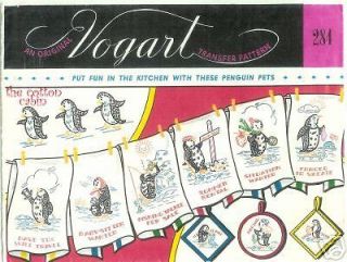   Vogart PENGUIN PETS Embroidery Transfer Pattern Motifs for Tea Towels