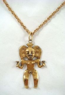 Vintage Golden Aztec Mayan Alva Studios Reproduction Jewelry Pendant 
