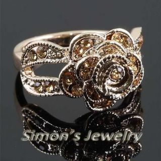 Gold GP ROSE FLOWER Ring w Swarovski Crystal JV152 SIZE