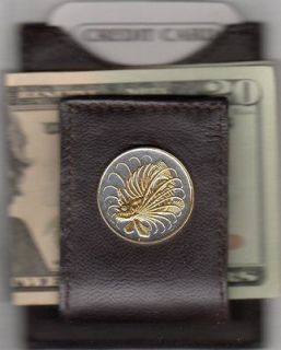 Singapore 50 Cent Lion Fish Brown Leather Money Clip Holds Credit 
