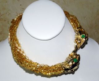   STANNARD RUNWAY LION/TIGER NECKLACE GREEN EYES GLASS/PEARL BEADS