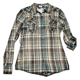 New 2012 Roar Womens Lady Luck Embroidered Stud Graphic Plaid Shirt