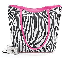 Zebra Print Canvas Tote Bags With Pink Handles & Trim