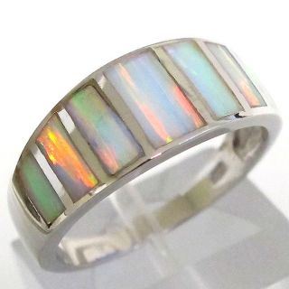 UNUSUAL WHITE GREEN FIRE OPAL 925 STERLING SILVER RING SIZE 8