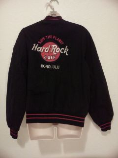 Hard Rock Cafe HONOLULU Black SILVER EMBROIDERY Letterman Varsity 
