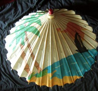 Vintage Tropical Island & sailboat bamboo & paper umbrella, parasol 