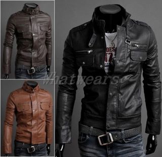 JJ Casual Mens Vintage Stand Collar PU Leather Jacket Zip Coat Black 