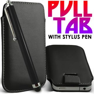 BLACK LEATHER PULL TAB CASE POUCH + SENSITIVE STYLUS PEN FOR VARIOUS 