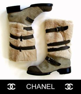   CHANEL Leather & Fur Shearling Buckle Strap BOOTS * FR 38.5 / US 7.5