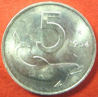 ITALY 1954 , 5 LIRE ALUMINIUM COIN , *UNCIRCULATED* KM#92,DOLPHIN 