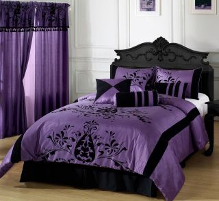 KING 7pc Comforter Set Bedding Purple with Black Floral Flocking Bed 