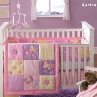 New 4pcs baby Crib Cot Bedding Set Quilt Bumper Sheet Dust Ruffle Pink