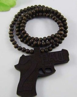   Black 2PAC Gun Pendant Wood Ball Beads Chain Necklace Charming W33181