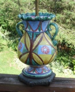 Italian Faience Majolica Pottery Lamp Double Handled Urn w Great Color