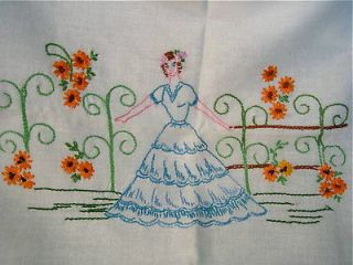 Vintage Hand Embroidered Linen Pillow Cases Pretty Lady Sunflowers